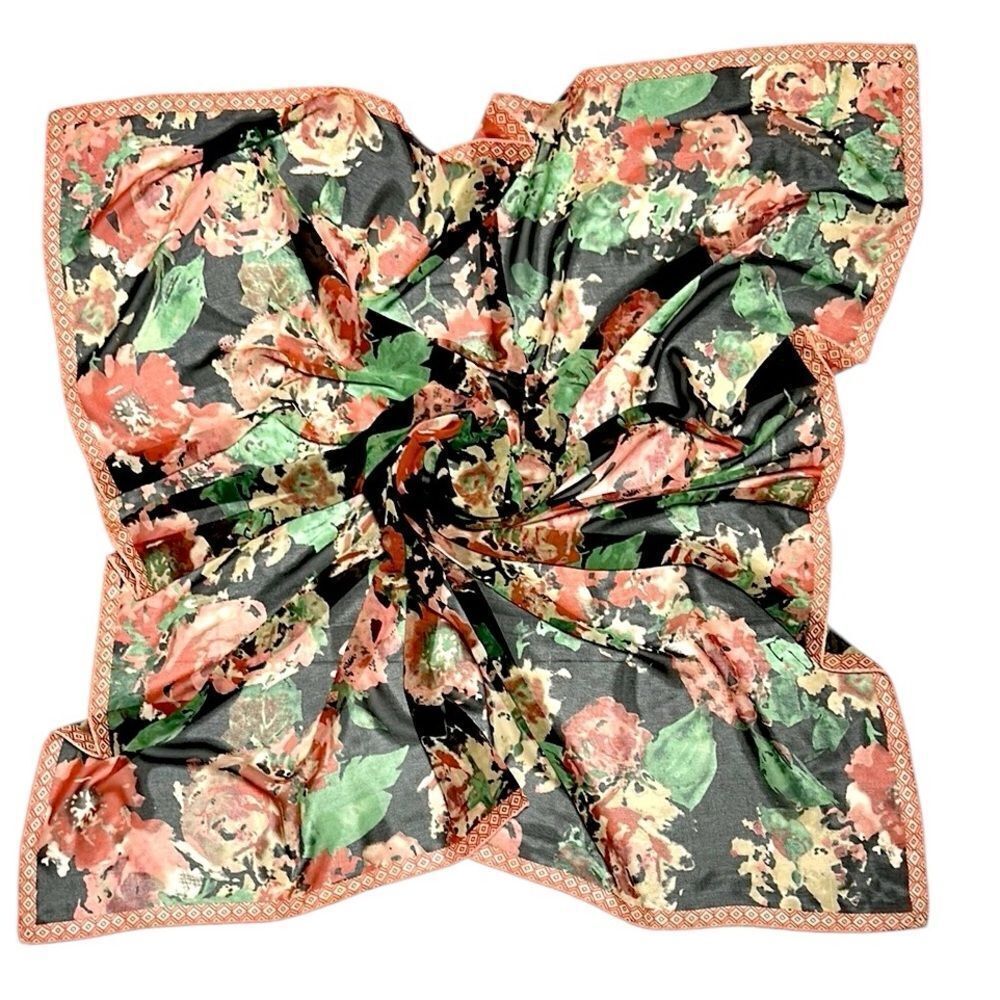 Large Silk (?) Chiffon Square Scarf Floral Print Hand Rolled 40x40”